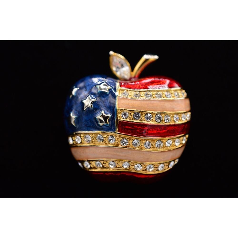 Vintage American Flag Teacher Apple Brooch Pin Crystal Gold Enamel USA Y2K Bin5A
